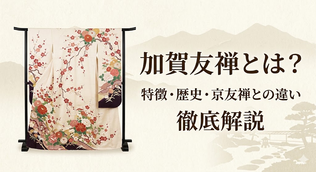 加賀友禅の着物を展示台に飾った写真。草花模様と加賀五彩の色彩が美しい本加賀友禅のアイキャッチ画像