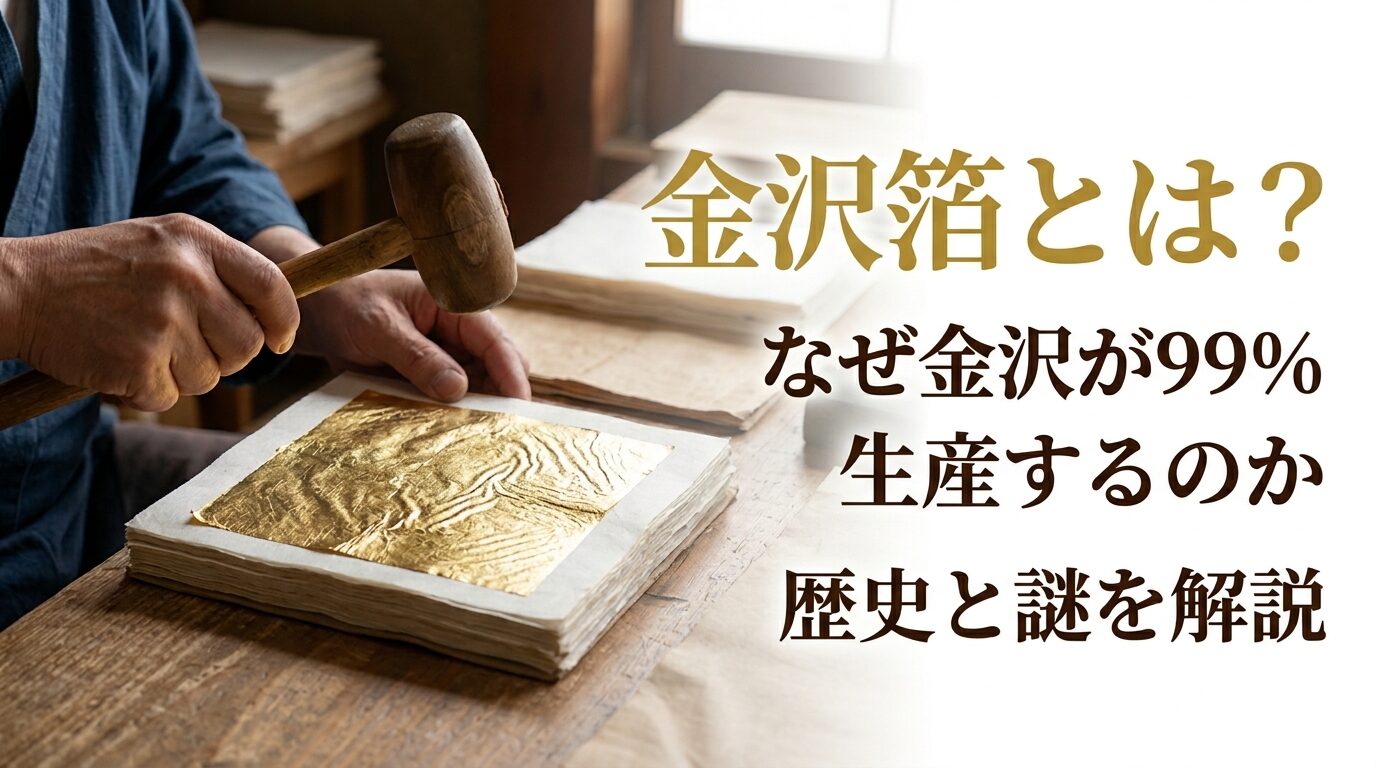 金沢の職人が木槌で金箔を打つ作業風景。和紙の上に輝く金箔が置かれた金沢箔製造の様子