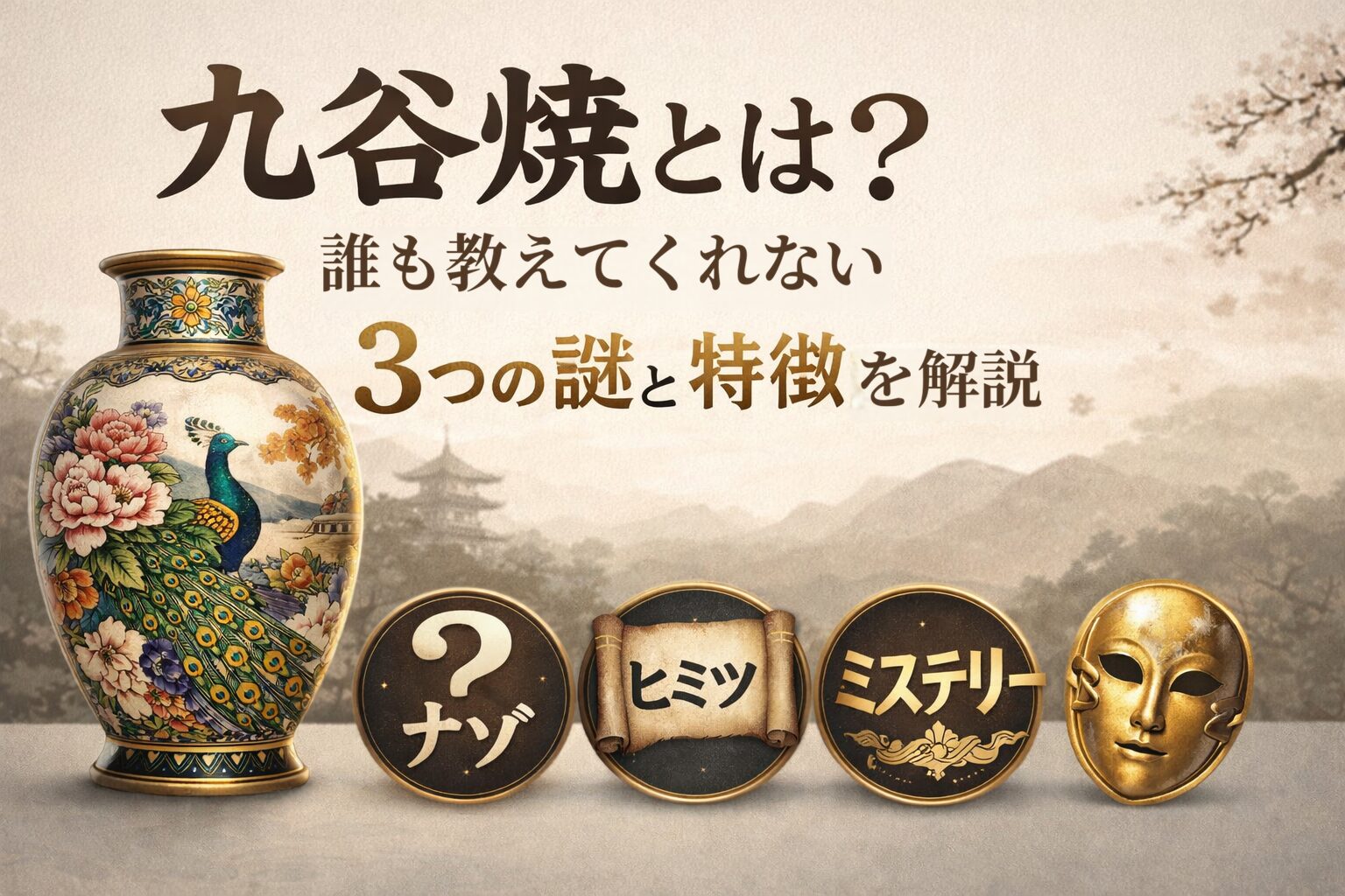 九谷焼の壺とナゾ・ヒミツ・ミステリーのアイコンで構成されたアイキャッチ画像（九谷焼とは？誰も教えてくれない3つの謎と特徴を解説）