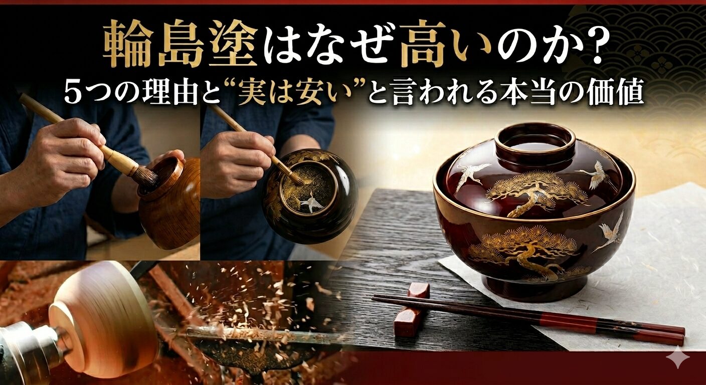 輪島塗の職人が漆を塗る手元・ろくろで木地を削る作業・鶴と松の蒔絵が施された完成品の椀と箸を組み合わせたアイキャッチ画像